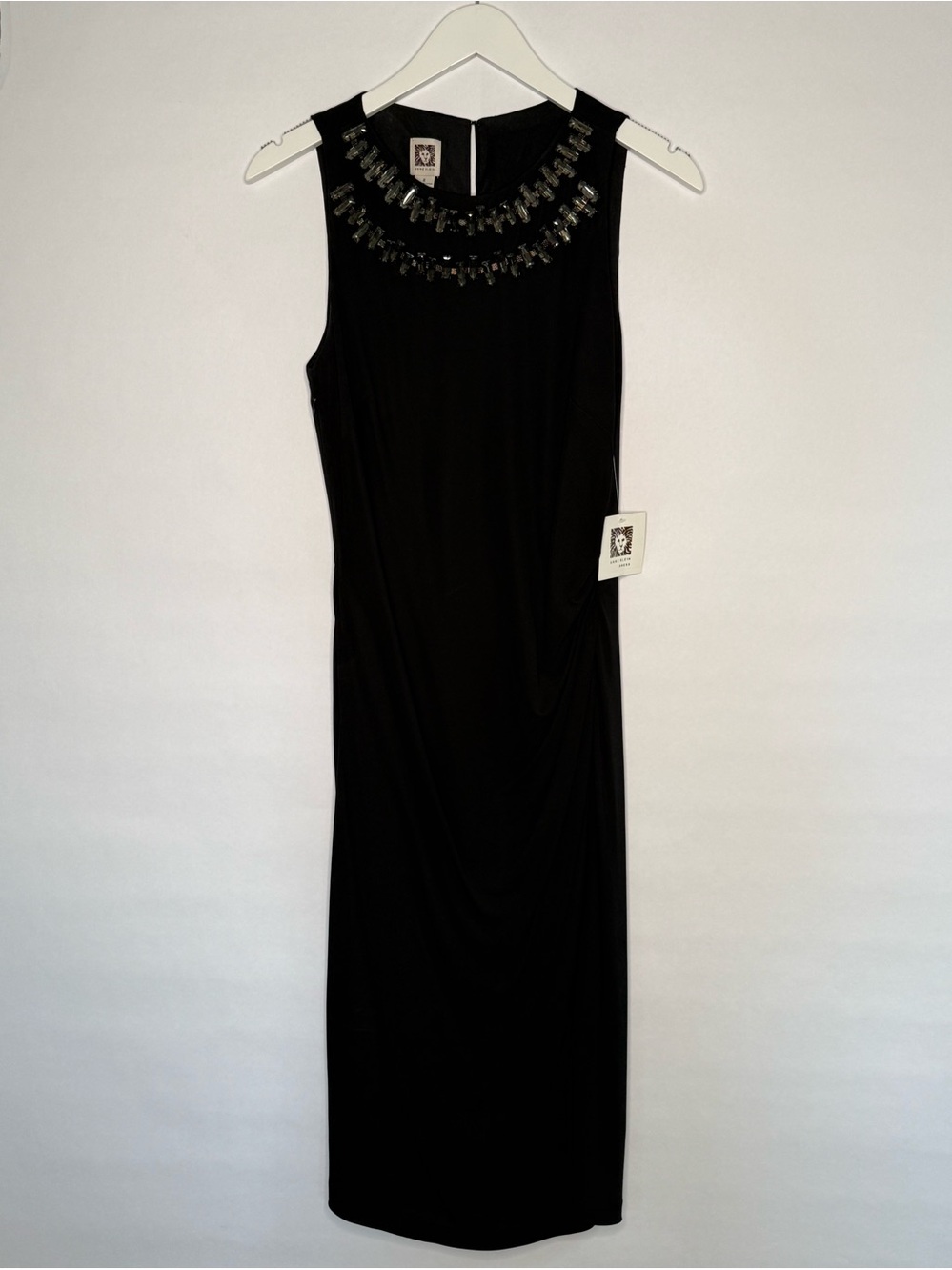 Anne Klein Black Sleeveless Midi Dress with Gemstone Neckline